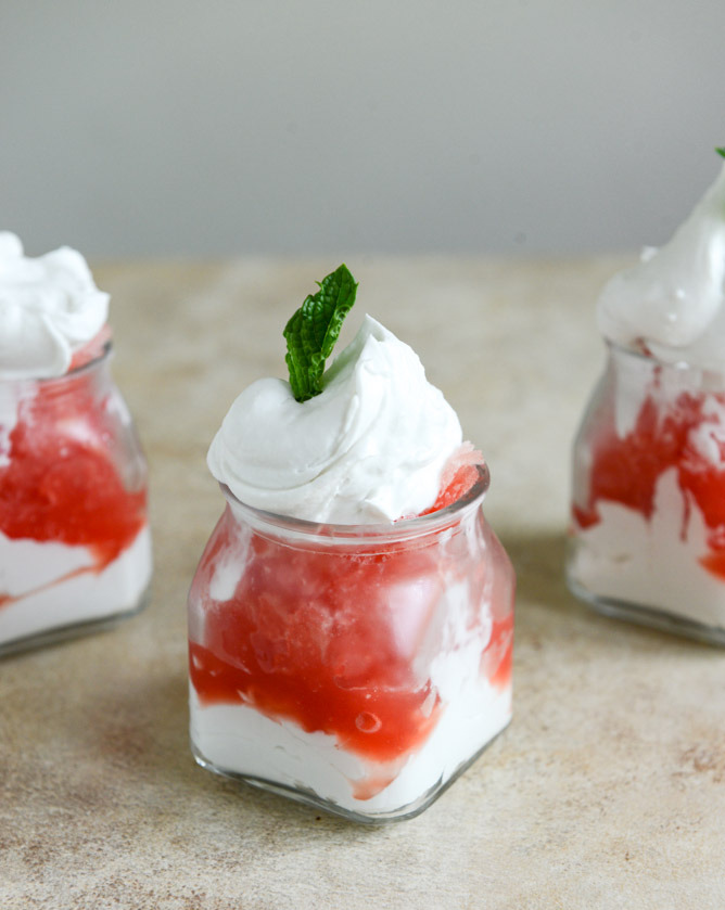 boozy watermelon granitas with coconut whipped cream.