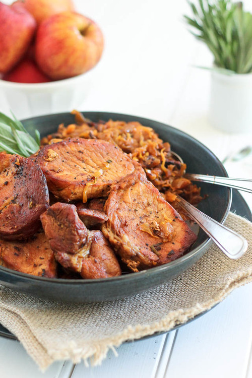 Pork Chops with Braised Bacon and Apple Cabbage