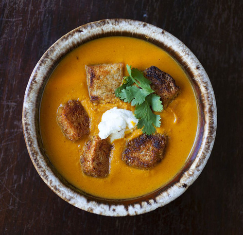 Roasted Sweet Potato Soup with Smokey Croutons and Greek Yogurt