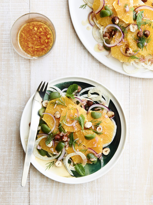 Orange, Fennel and hazelnut salad with green olives and fresh herbs Photographer