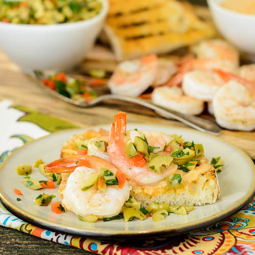 Grilled Bread with Shrimp, Portuguese Aioli, and Green Olive Relish