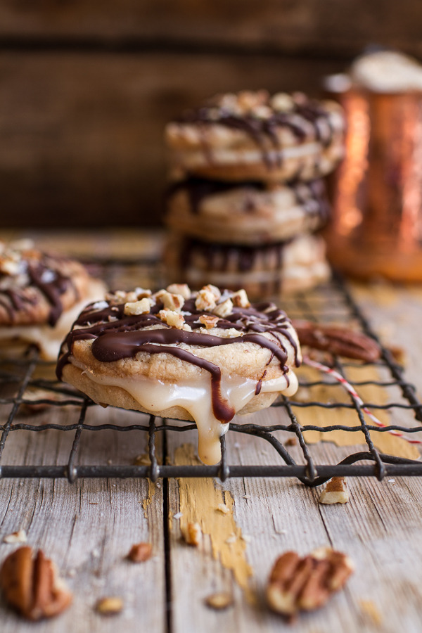 Chocolate Drizzled Buttery Pecan and Caramelized Condensed Milk Sandwich Cookies