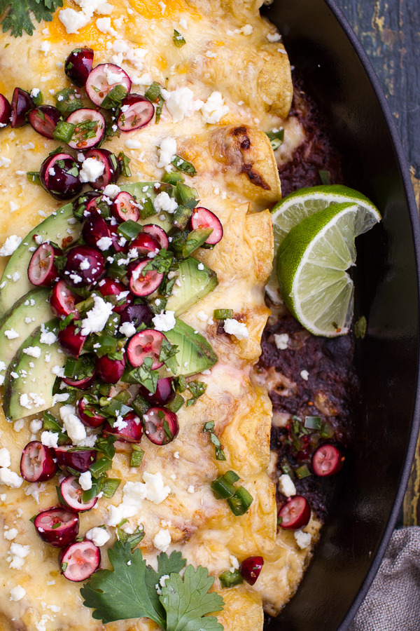 Brown Sugar Roasted Chicken Enchiladas w/ Fire Roasted Tomatillo-Cranberry Sauce