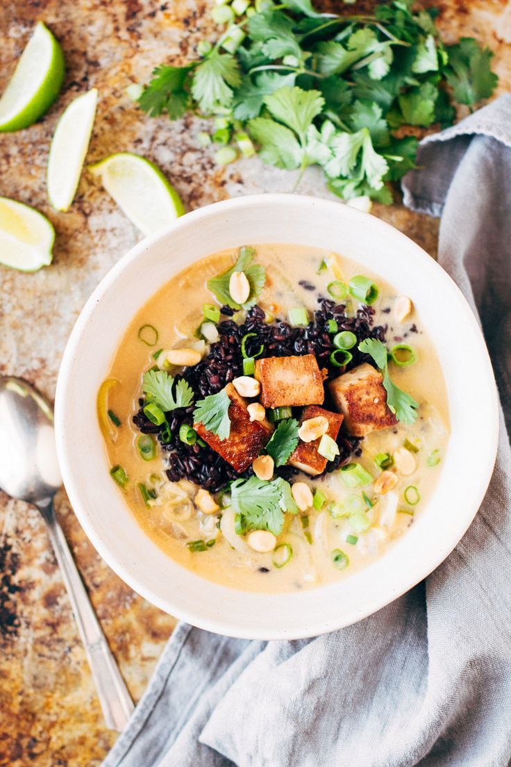 ginger + lemongrass infused thai soup with crispy tofu and wild rice