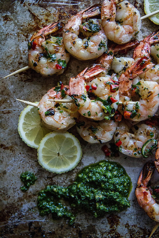Grilled Shrimp Skewers with Coconut Compound Butter and Basil Pistou