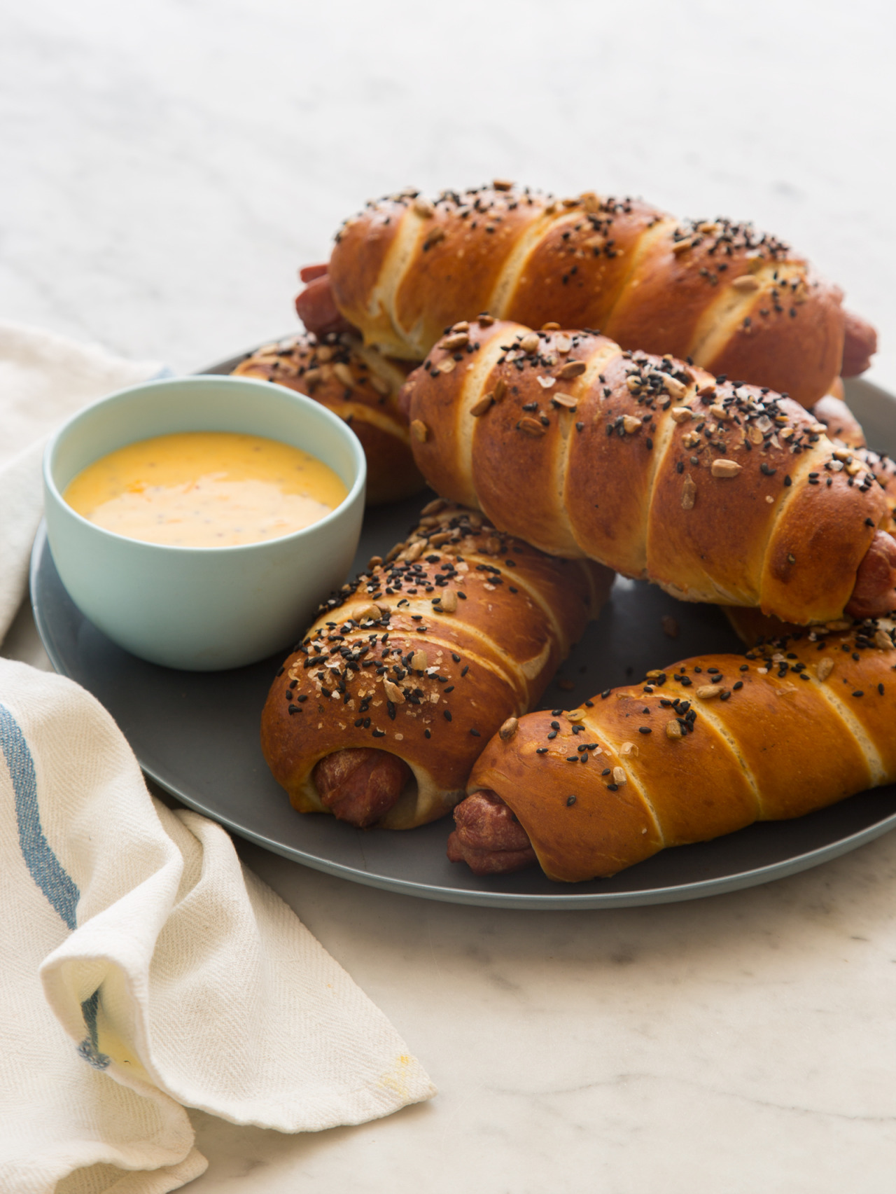 Pretzel Dogs with a Whole Grain Mustard Cheese Sauce